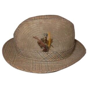 Vintage Hatquarters USA By Henschel Wool Fedora Hat Gray Tweed w/ Feather Sz XL